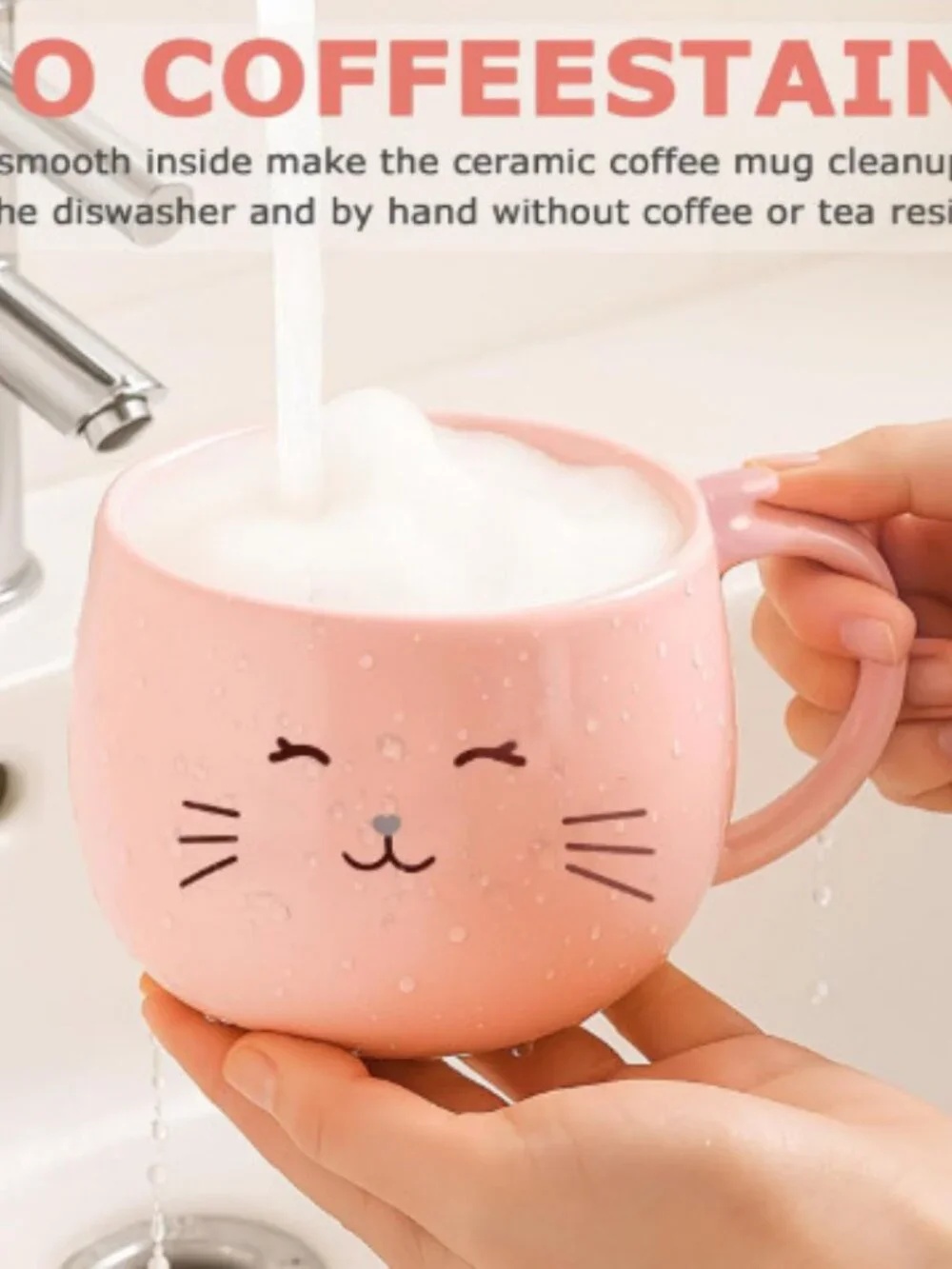 Kawaii Pink Cat Ceramic Coffee Mug with Gold Spoon & Phone Holder Lid (13.5 oz)